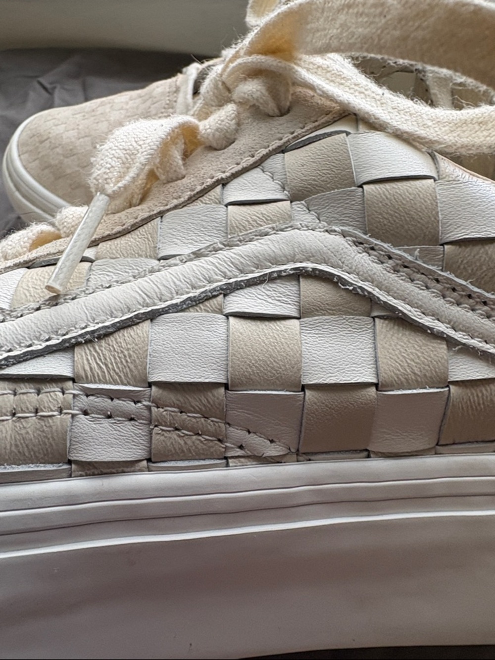 Vans Old Skool Platform Woven Leather sneakers in the Blanc De Blanc colorway. - Picture 5 of 5